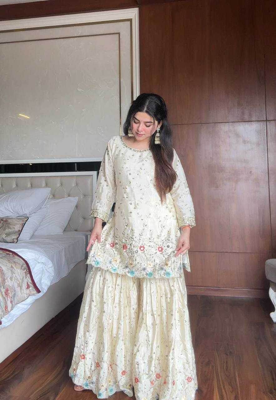 Chinon Sharara Salwar Embroidery Suits Manufacturer - MYLUXURY LANE ENTERPRISE